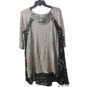 HIP Tunic Top Blouse‎ Sheer Panel 3/4 Sleeve Casual Beige Black Size S